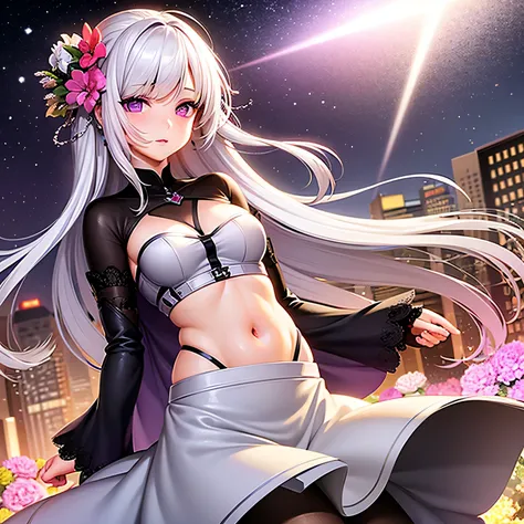 realistic, 1girl, white hair, purple eyes, glowing eyes, crop top, skirt, parted lips, blush, night, flowers, sun, sunlight,