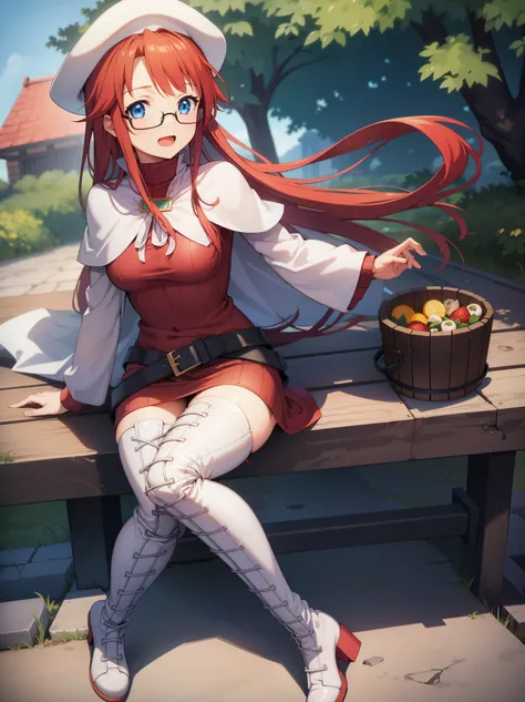 summonnightaty, aty, long hair, blue eyes, red hair, beret, hat, glasses,
BREAK long hair, thighhighs, hat, dress, boots, glasses, belt, cape, sweater, zettai ryouiki, beret, thigh boots, white footwear, ribbed sweater, loose belt,solo,
BREAK outdoors, fan...