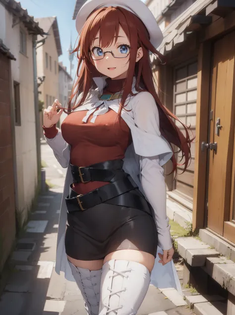 summonnightaty, aty, long hair, blue eyes, red hair, beret, hat, glasses,
BREAK long hair, thighhighs, hat, dress, boots, glasses, belt, cape, sweater, zettai ryouiki, beret, thigh boots, white footwear, ribbed sweater, loose belt,solo,
BREAK outdoors, fan...