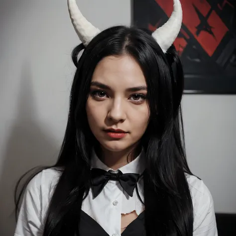 Vellyxia, a woman with long black hair with a red stripe, black devil horns, a white shirt and a messy black tie, has a flat face.