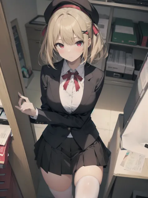 (Masterpiece: 1. 2), (Top quality: 1. 2), Anime girl, One, Blonde hair, Hair clip on right side of forelock, Black cap, Wine red eyes, White female shirt, Brand grey blazer, Small red ribbon across chest, Office clothes, One size larger shirt, Checked pris...