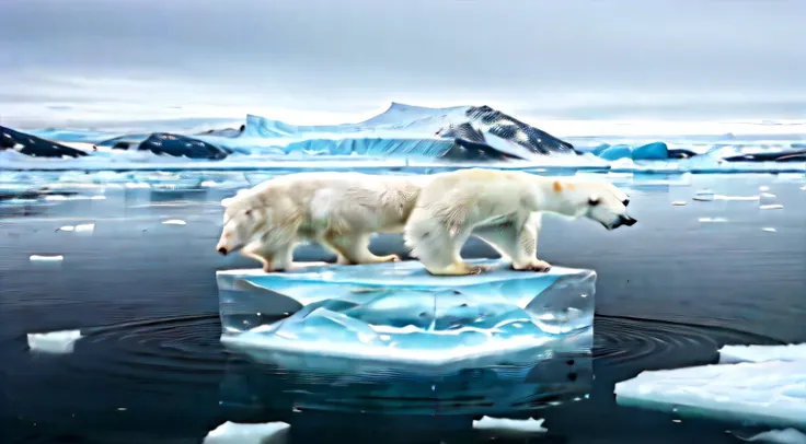 photo, Arctic Glaciers，Ice Age，ice cubes floating on water，polar bear，original photo