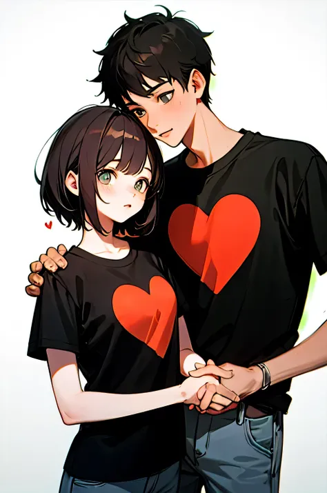 Generate ai image of boy and girl holding hand, both have same t-shirt, boys t-shirt has December, girls t-shirt has august, heart logo in middle of t-shirt 