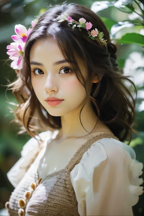 beautiful girl with a flower and developing hair