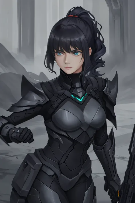 In the heart of the shadows, a 19-year-old female Grimreaper emerges, clad in titanium and reflective glass black armor, its exoskel gleaming ominously under the high-detail RAW color photo. Armed with an otherworldly weapon, her short curly ponytail bounc...