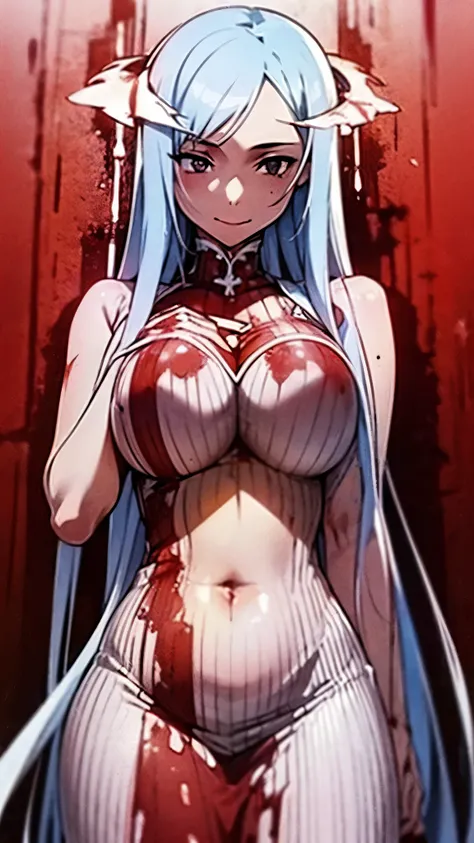 ((masterpiece)), ((best quality)), ((grotesque and splatter)), beautiful girl, curvy, tall, exposed belly, belly button, big breasts, femdom, slaughter, bloody white dress, Blood on the body, Bloody, Blood on the belly button, Blood on the belly, tall, blo...