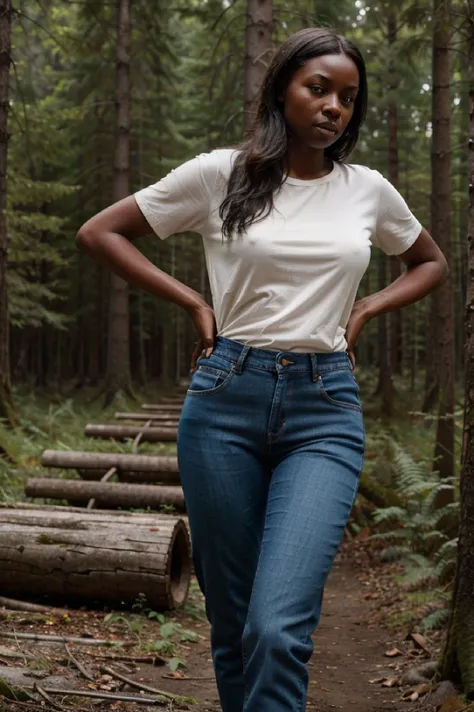 realistic travel) details;  A beautiful Swedish woman  forest trip  Body with little fat  dark skin  elegant posture  emergency  lonely  Long pants, jeans,  Weapon are easy to carry;  very detailed;  high quality  good work  Clear image.