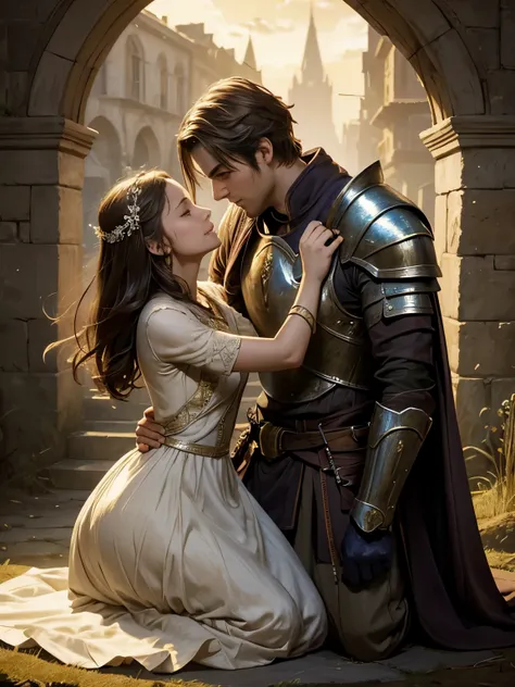 A vibrant painting of a fantasy paladin, clad in shining armor, bending down to embrace a young injured woman. Her dress is tattered, and she appears frail, but her eyes hold a glimmer of hope. The paladins face is filled with compassion and love, and the ...