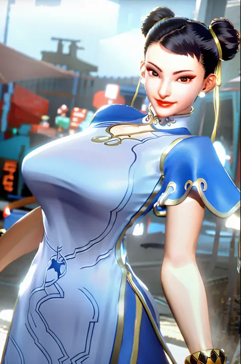 8K HD, ChunLi, Huge natural breasts, seductive pose, shy and embarrassed smile, Huge, curve