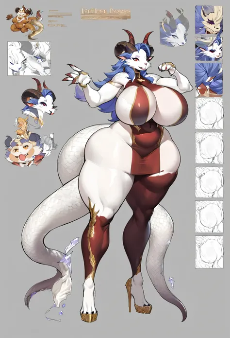 woman, character design sheets. line art, furry, snake tail, wide hips, fantasy expensive royal clothing syle, very big breasts, fantasy character, whole body, adult milf woman, highty detaled anime style, realistic body, many poses and one of them is her ...