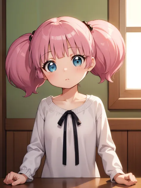 masterpiece, highest quality, very detailed, 1 girl,twin tails, pink hair, hair ornaments,hair bobble, blue eyes,indoors,