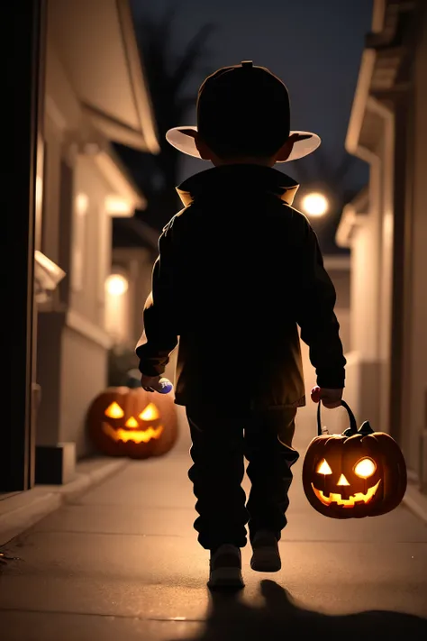 An little boy in a Halloween costume, walking backward at night with candy in hand.