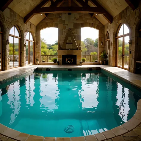 a luxurious indoor swimming pool. The pool is surrounded by stone walls and has a stone fireplace at one end. There are several large windows that let in natural light. The pool is lit by several candles.