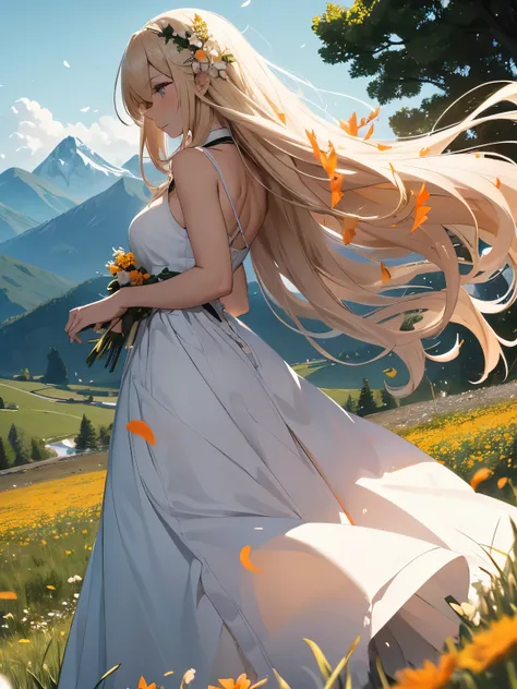 A woman with long blond hair stood on the grass covered with flowers., Long hair flowing in the wind, Wearing a white sleeveless dress，The skirt flies with the wind, 
with a determined expression, She looked towards the distant destination in the mountains...