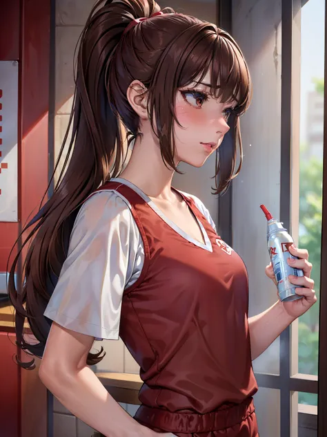 table top, highest quality, High resolution,  perfect pixel,  4K,, 1 girl, single, alone, beautiful woman、I could see the whole body、 ((ponytail、wavy hair, bangs, brown hair)), ((brown eyes, beautiful eyelashes, realistic eyes)), ((detailed face, blush:1.2...