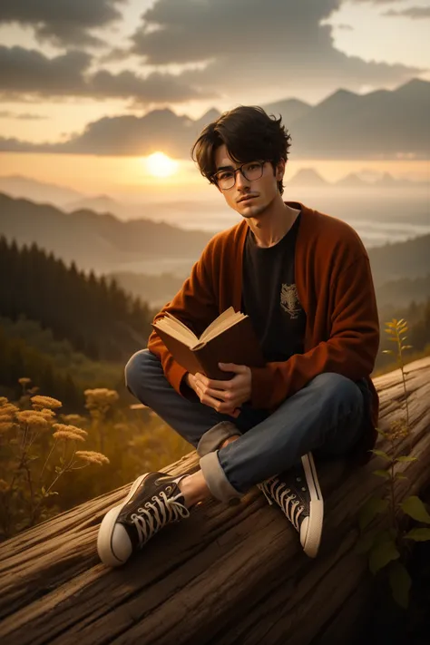 arafed man sitting on a log reading a book, high quality portrait, book portrait, reading a book, he is holding a large book, dramatic reading book pose, with sunset, holding a book, reading new book, dramatic reading spell book pose, portrait shot, during...