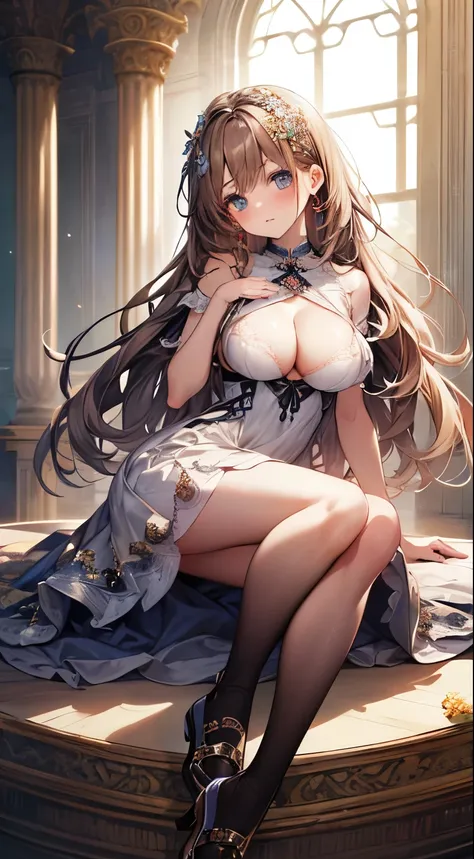 (masterpiece, highest quality, highest quality, official art, beautiful and aesthetic:1.2), (1 girl), highly detailed eyes, (Cute mini dress that shows your breasts:1.4),alice shoes、Natural light、Shining girl,flower hair ornament,soft breasts
