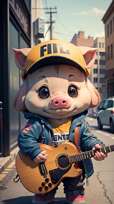 Cartoon piglet wearing a colorful jacket，have a guitar，street stage background，highest quality， single focus， Complex （detailed： 1.1） unreal engine，master piece， （Super detailed），3rd life,fork have a guitar,Wearing a hat,play the guitar,guitarist,3 heads a...