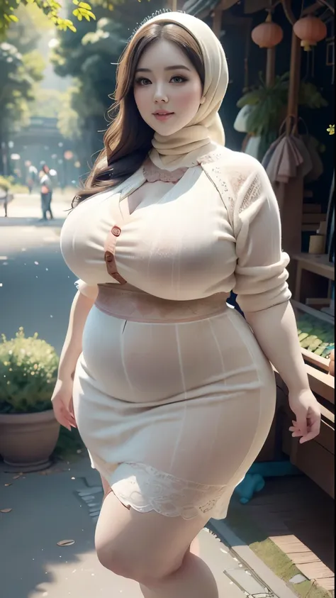 Chubby woman with fat belly and tight thighs, full body, 50-year-old mature woman, thick hips, thick neck, thick chest, big eyes, wearing a longest dress, wearing a hijab, hijabi woman (Lingxiaohua: 1.2) offcial art, Unified 8k wallpaper, super detailing, ...