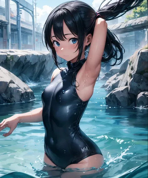 (masterpiece、highest quality、highest quality、official art、beautiful beautiful:1.2)、(1 girl:1.3)Hatsune Miku、twin tails,big breasts,Anime girl in a blue wetsuit posing in the water with her hands on her head, 8K high quality detailed art, Close-up fantasy u...