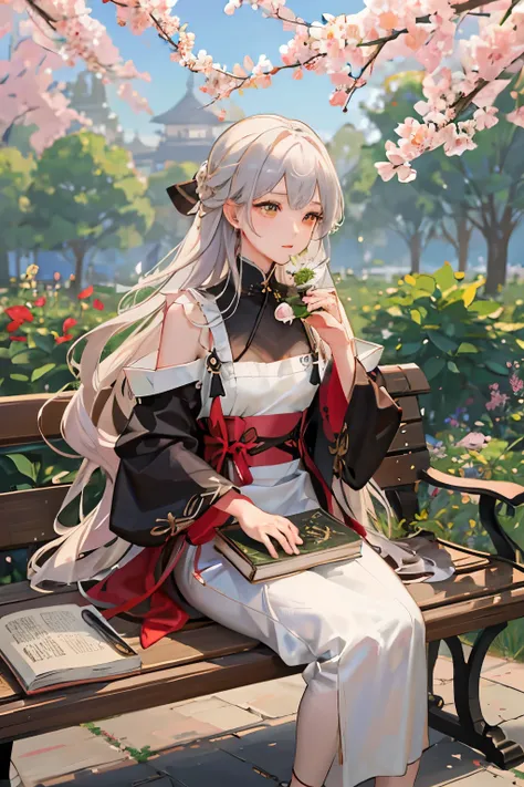 Elegant young woman sitting on wrought iron bench in the middle of lush garden。The garden is full of colorful flowers and greenery、It is necessary to create a lively and calm atmosphere。Females are long, flowing hair,、It is necessary to style it with loose...