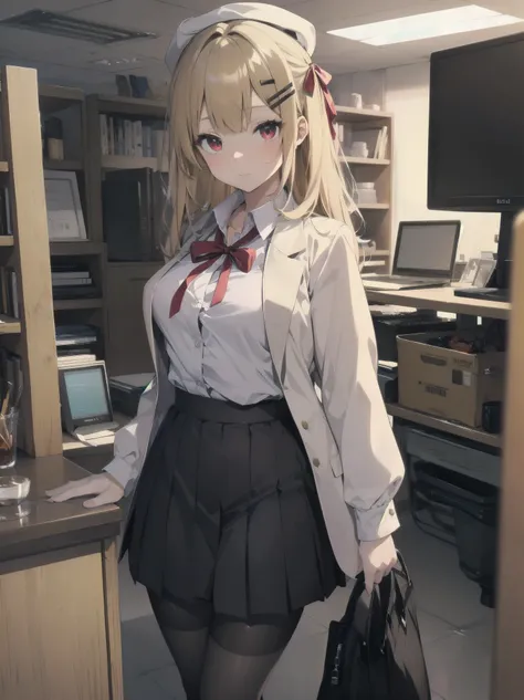 (Masterpiece: 1. 2), (Top quality: 1. 2), Anime girl, One, Blonde hair, Hair clip on right side of forelock, Black cap, Wine red eyes, White female shirt, Brand grey blazer, Small red ribbon across chest, Office clothes, One size larger shirt, Checked pris...