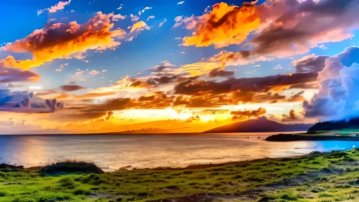 ((high res, hdr, hd, ultra sharp, 8k)), artwork of a tropical beach with sea and clouds in the background few islands, sunset ti...