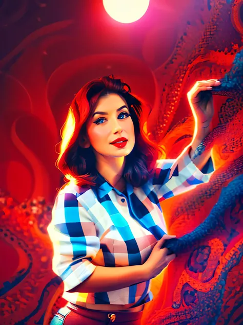 a woman, red hair, pin-up style painting,illustration,oil painting,sexy detailed eyes and lips,sensual red lipstick,vintage outfit,confident expression,retro background,high quality,ultra-detailed,realistic colors,vibrant lighting