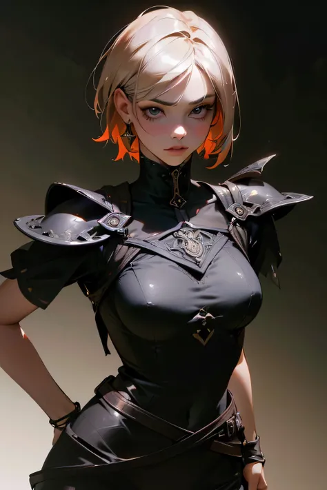 (best quality,highres),(realistic:1.37),portrait,short hair,strong personality,rosy face,detailed face,beautiful detailed eyes,beautiful detailed lips,black clothing,warrior,confident,standing tall,in a powerful pose,dark and edgy background,vivid colors,s...