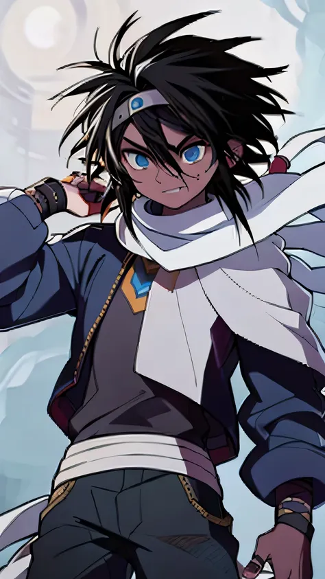 boy, teen, dark skin, black hair, messy hair, blue eyes, long-sleeved shirt, sweatpants, white headband