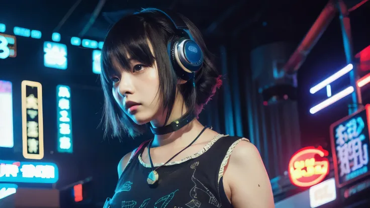 Anime k-pop girl from the future, 1960s algorist aesthetic, worn dark distressed finish, strange things, metaverse, celestialpunk, yokai, Yuumei, supernatural, (masterpiece, high res, high quality, best quality), headphone, kabukicho, shinjuku, neon light