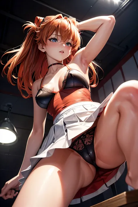 (((Soryu Asuka Langley))),  (highest quality, High resolution:1.2), ,(nsfw:1.3)、(((from below)))、((girl trembling with sexual climax))、(Flipping up a skirt to show underwear:1.3)、lolita costume、 dense and beautiful lips, highly detailed eyes and face, long...