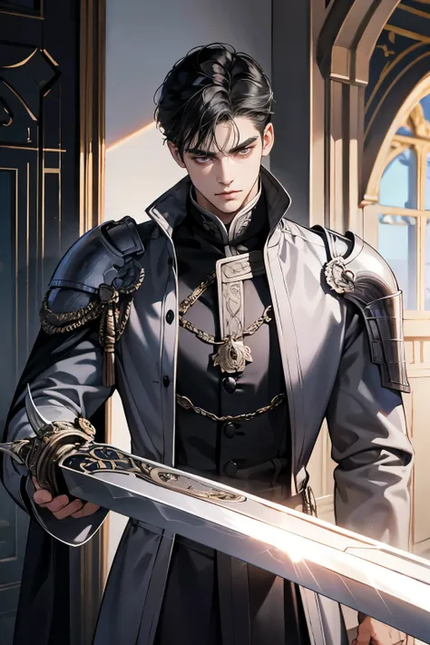 1 boy, Young male, Eyes looking to camera, Perfect male body, (Knight, Tall and strong,Black hair,Frown,silver coat, sword in hand,stand in castle),dramatic shadow, Ray Tracing,Portrait,(tmasterpiece, high resolution, ultra - detailed:1.0)