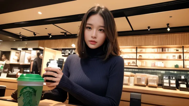 ((highest quality、8K、masterpiece:1.3))、sharp focus:1.2、beautiful woman with perfect body:1.4、(tight knit dress)、(Inside the Starbucks store:1.2)、Highly detailed face and skin texture、 detailed eye、double eyelid、sunburned肌、Sexy、sunburned