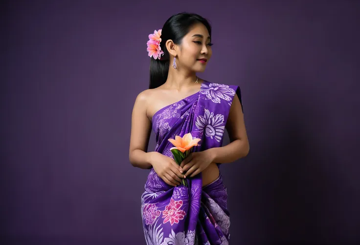 basketball neck shirt close-up of a 25 year old burmese woman.,((wear a batik sarong))traditional thai sarong flower pattern in ...