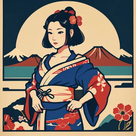 Art vintage japonais, Conception de t-shirts, art vectoriel, plat art:1,4.  (japonaise, en kimono, best quality, Art officiel, Beaucoup de couleurs, couleurs du japon, ukiyo-e, le mont fuji, fleurs de cerisier, bare shoulders, belles formes,: 1.2