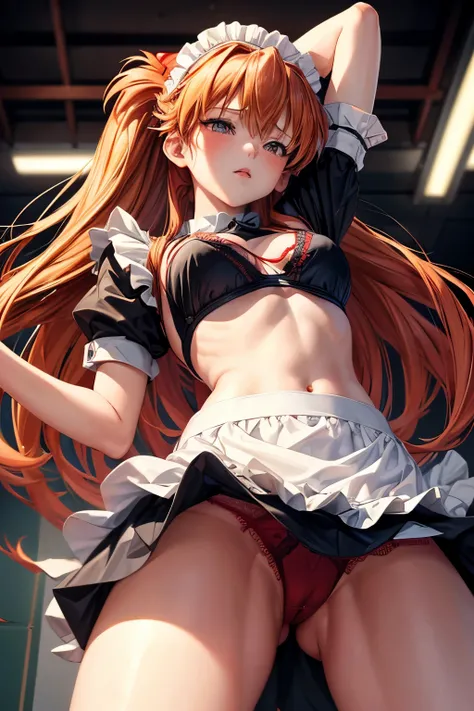 (((Soryu Asuka Langley))),  (highest quality, High resolution:1.2), ,(nsfw:1.3)、(((from below)))、((girl trembling with sexual climax))、(Flipping up a skirt to show underwear:1.3)、(((Maid clothes)))、 dense and beautiful lips, highly detailed eyes and face, ...