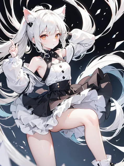 Pure cream white double ponytail，Crush the hair curtain。brown eyes，cat ears，White off-the-shoulder neck top，Matching black and gray skirt，，Black and white matching，white boots，girl，Dance，Swing your body from side to side，Medium build