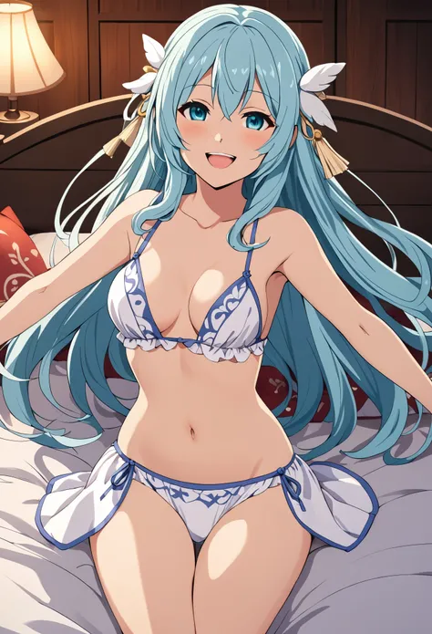 The character named haruhime from a anime called Danmachi laying in bed in a revealing night wear with open arms and smiling