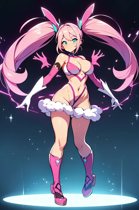 absolutely symmetrical, full body standing,standing-pose,t-pose character design in anime style, female with giant breasts,pink pigtails hairstyle ,teal expressive shiny eyes and small pink lipstick mouth, minimal design,naked, greenscreen background