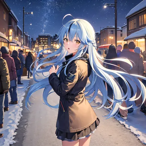 masterpiece, best quality, highres, 1girl, long hair, streaked hair, ahoge, hair ornament, ((cold weather clothes)), snowing, ci...