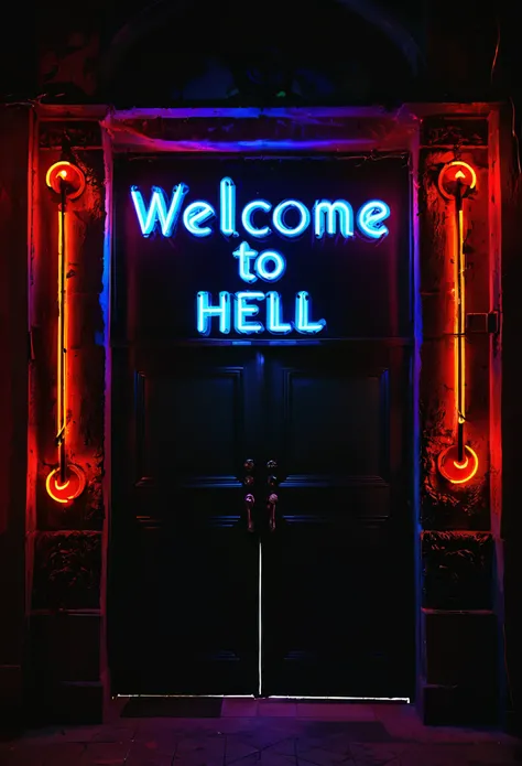 High Quality neon signboard, sign that says "Welcome to Hell" on a Wall of a club,
