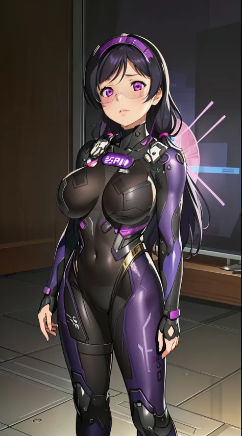 1 girl,NSFW,Nozomi Tojo, (lovelive), visor, clavicle, absurd, brainwashing,Combatant, empty eyes,((purple glowing eyes 1.8)), ( huge breasts 1.2 ), ((stand up, Standing in honor)), No expression, emotions removed,((black bodysuit)),look away , whole body s...