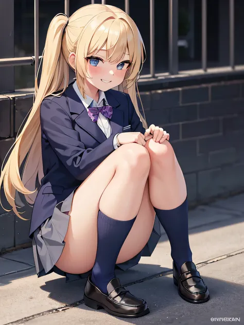 (Masterpiece, top quality, high resolution, realistic photo, realistic looking skin:1.1),
(There is one high school girl:1.5),
(long blonde hair:1.5), 
(She is squatting with both knees together:1.8),
(Her thighs are close together:1.8),
(Her body is facin...