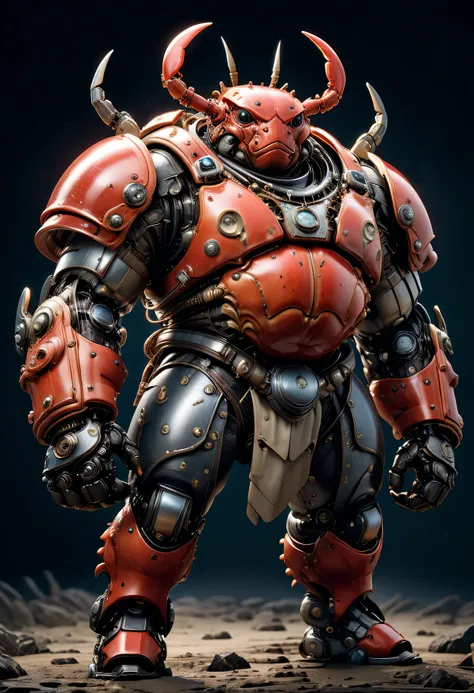 photorealistic portrait of Dressed animals - a ((fat)) crab warrior,(brave pose), high quality,(lovely) ,intricate detailed giant mechanical arms, highly detailed ((mechanical armor) ,,highly detailed decorations, , (brave), studio lighting,(full body imag...