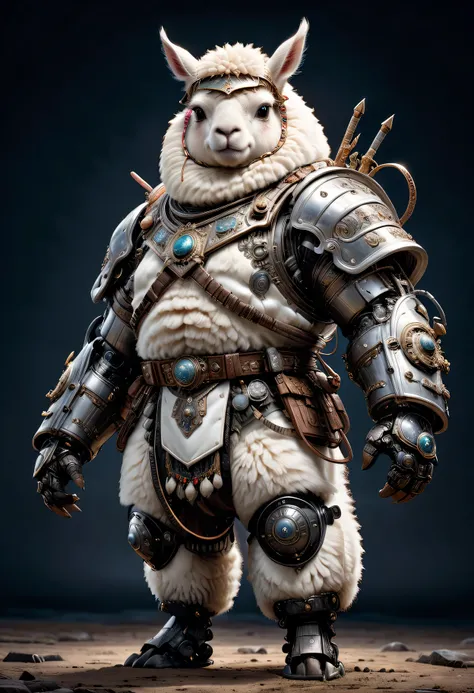 photorealistic portrait of Dressed animals - a ((fat)) white alpaca warrior,(brave pose), high quality,(lovely) ,intricate detailed giant mechanical arms, highly detailed ((mechanical armor) ,,highly detailed decorations, , (brave), studio lighting,(full b...