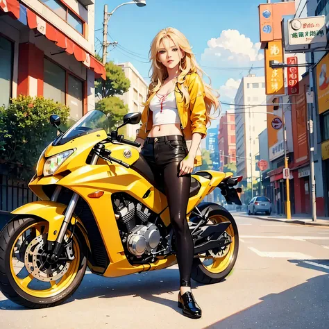 anime girl sitting on a yellow motorcycle in a city, blonde anime girl with long hair, anime style illustration, beautiful anime...