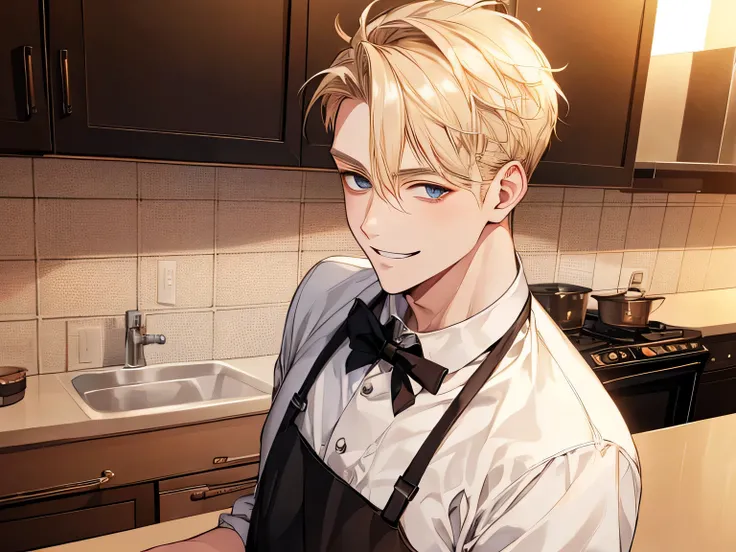 1 male, baby face,２０generation,blonde, kind, Pastry chef look,upper body shot, smile gently, omega,Background kitchen