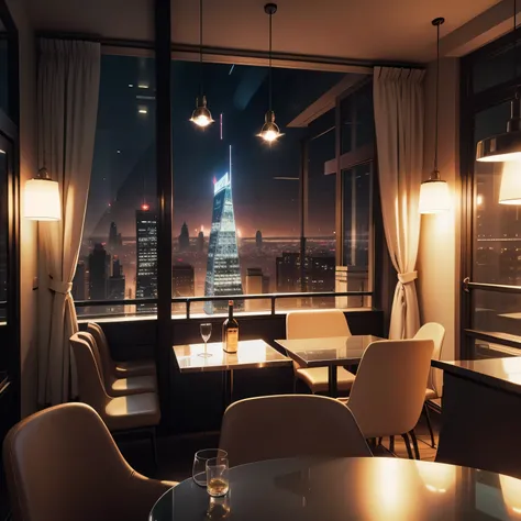 concept art, there are no humans, Elegant modern cafe interior, drink bottles on the shelf, curtain, Large glass window on the side, City lights twinkling outside the window