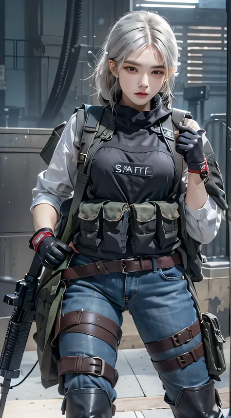 realistic, High resolution, 1 female, alone, hip up, look at the audience, (detailed face), gray hair, swat vest, gun, jewelry